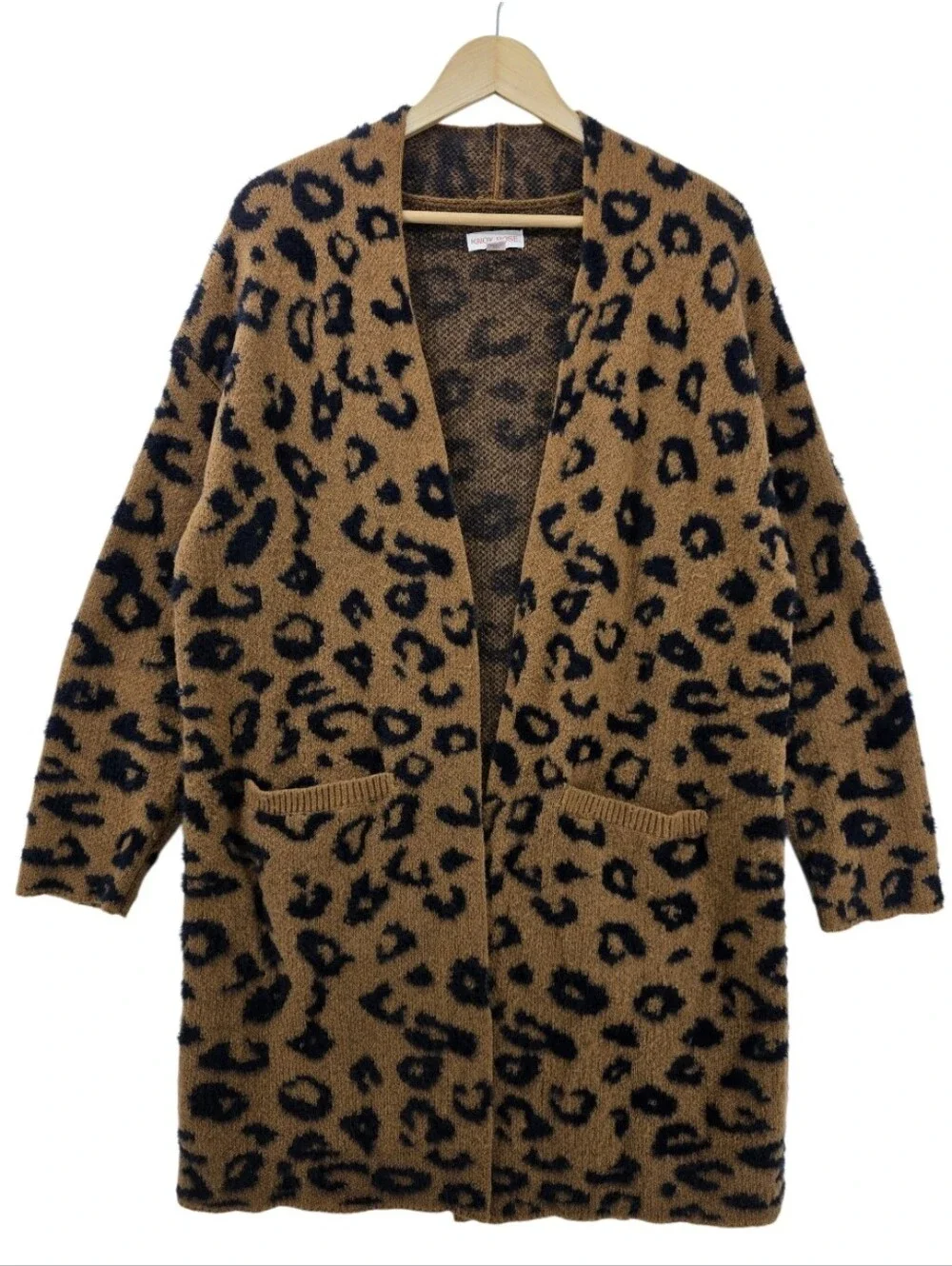 Knox Rose Leopard Open Front Fuzzy Soft Cardigan Women's Size Small Pockets